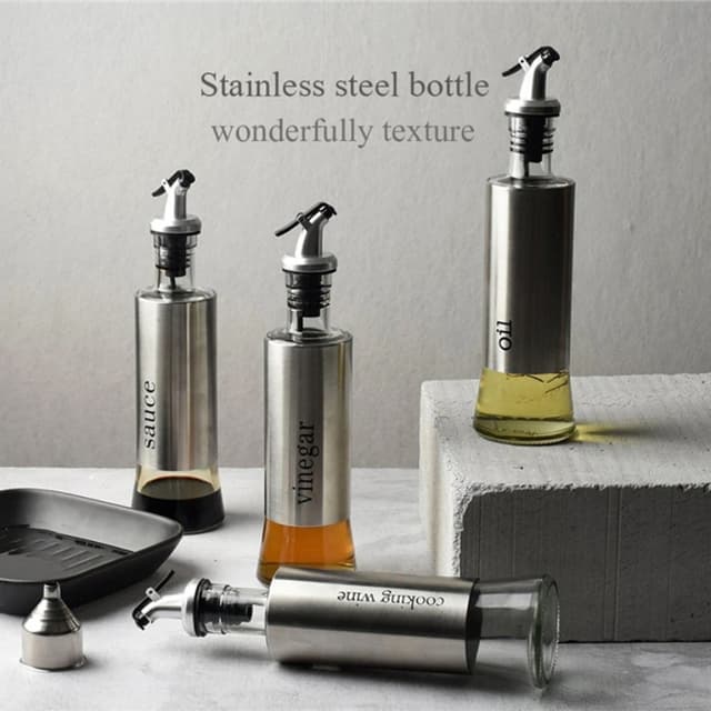 300ml Glass Oil Dispenser Stainless Steel Bottle Kitchen Cooking Oil Vinega